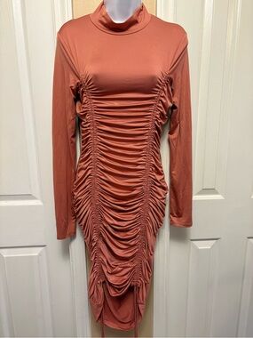 Ruched Long-Sleeve Turtleneck Dress in Terracotta